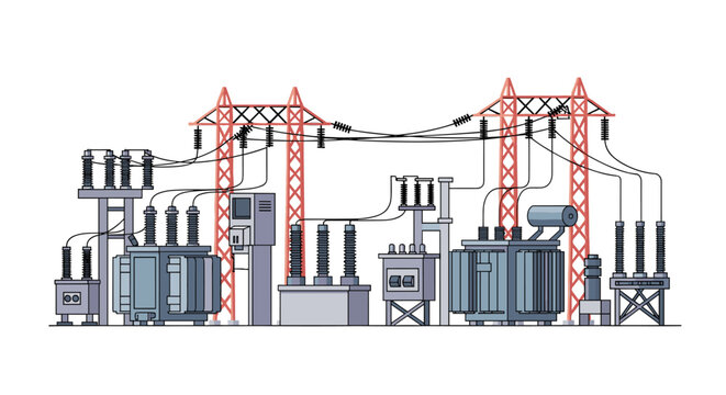 An electrical substation with grey transformers and red lattice towers is depicted against a white background.