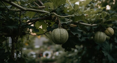 Naklejka premium A serene outdoor scene featuring a vine bearing ripe green pumpkins