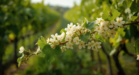 Naklejka premium Lush vineyard with fresh flowering grapevine branch at spring