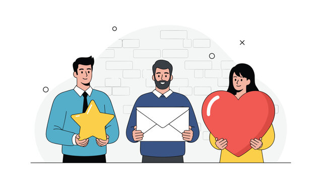 Three individuals, two men and one woman, holding a star, envelope, and heart, symbolizing customer care, mail, and positive feedback.