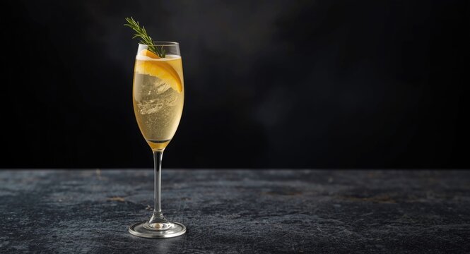 Mimosa cocktail in elegant flute on textured wooden bar featuring citrus and herb garnish against dark blurred backdrop with copyspace