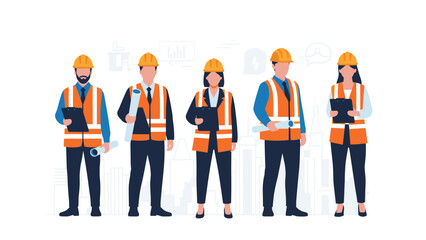 Obraz premium Professional illustration of a team of male and female architects and engineers in safety gear, ready for a construction project.