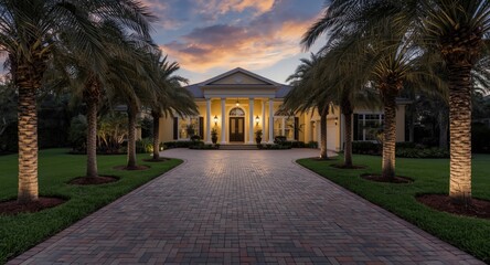 Fototapeta premium Palm-lined approach to garage and driveway of yellow house featuring elegant white columns