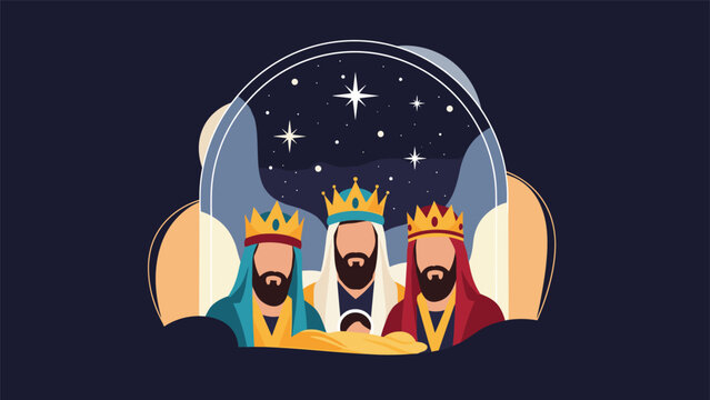 Festive illustration of the biblical three kings, or Magi, adorned with crowns and bearing gifts under a celestial, star-filled arch.