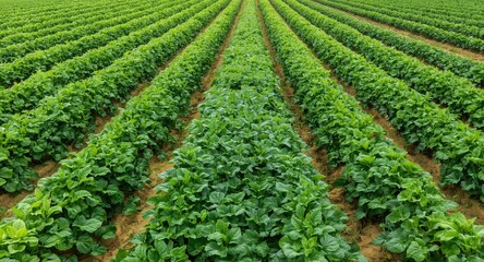 Naklejka premium Lush sweet potato plants growing in parallel rows on a large farm field