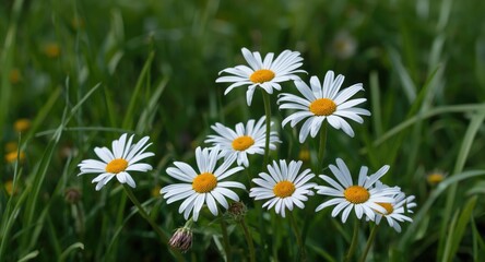 Fototapeta premium Positive mood captured in full length daisies with strong orange centers on verdant grass during summer