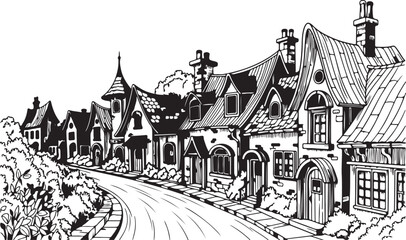 Naklejka premium Coloring vector illustration of a quaint town page from a book