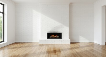 Naklejka premium Open bright living room with gas fireplace on white brick wall and copy space provided