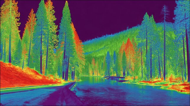 Vibrant thermal infrared landscape of a forest with a road and body of water, showcasing temperature variations in nature