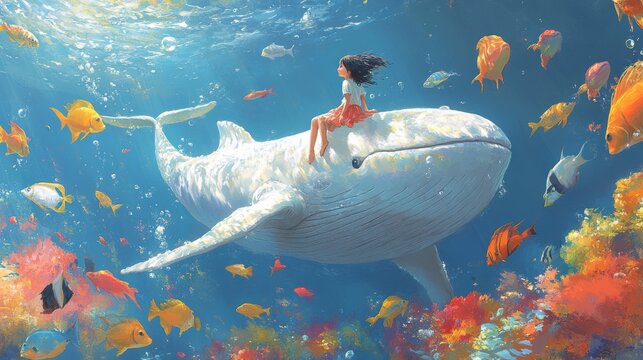 The girl swam the deep sea with the blue whale.