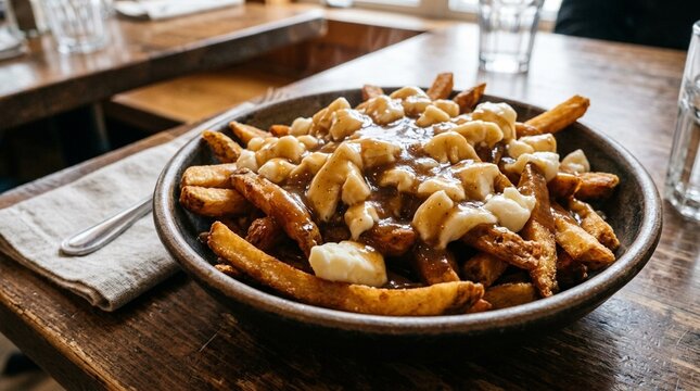 Close-up of poutine with fresh curds and gravy over golden fries, no text, no logos, no faces, Canadian comfort food concept for restaurant brand or culinary editorial, commercial use