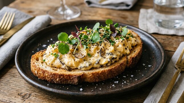 Close-up of truffle scrambled eggs with micro herbs on sourdough toast, no text, no logos, no faces, luxury breakfast concept for restaurant brand or culinary editorial, commercial use