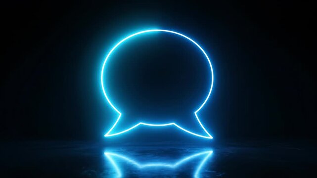 Glowing neon speech bubble communication concept with reflection on dark background modern abstract graphic element for technology