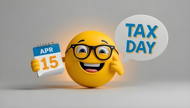 happy yellow emoji character with glasses holding april 15 calendar and tax day speech bubble for fiscal reminder