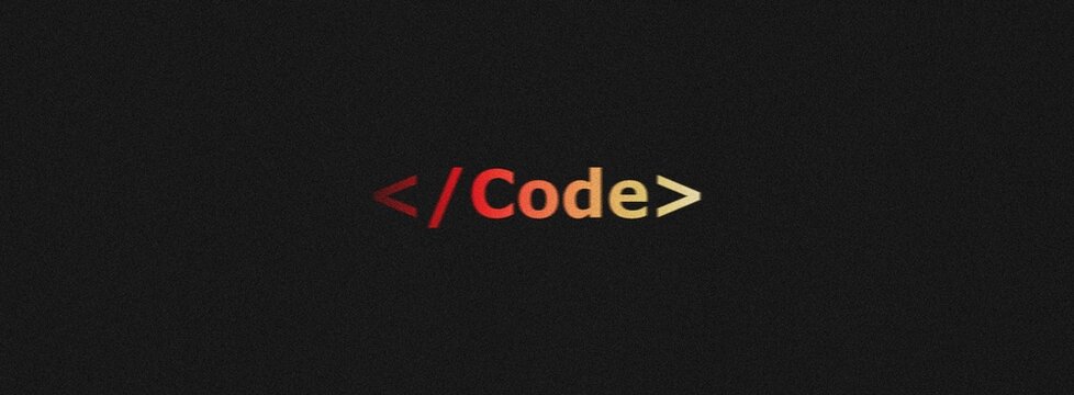 Programming-related black grainy background with code tags in vibrant gradient. Digital, minimalistic, coding or hacker background for poster, banner, cover, or wallpaper design