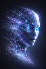 Fototapeta premium Cosmic Consciousness A Digital Woman's Ethereal Form Woven from a Luminous Neural Network, Symbolizing Advanced Artificial Intelligence and the Future of Mind and Technology