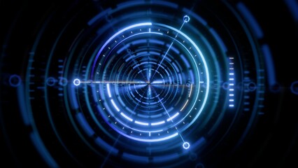 Fototapeta premium Futuristic Blue Neon HUD Radar Interface Overlay with Glowing Geometric Lines, Sci-Fi Target Screen and Light Leaks Background
