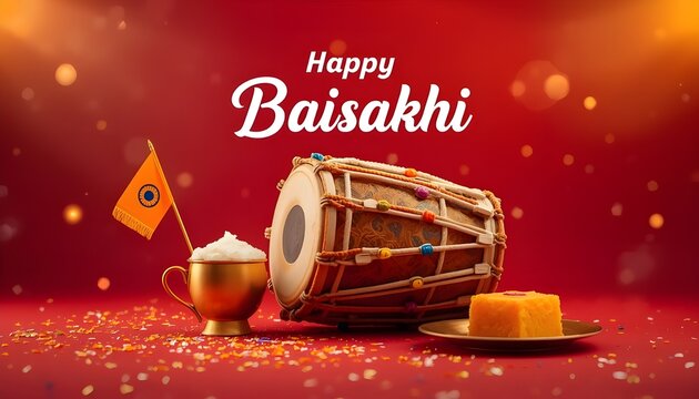 Happy Baisakhi festive greeting decorated dhol orange flag brass cup sweets plate red orange gradient background Punjabi harvest celebration design