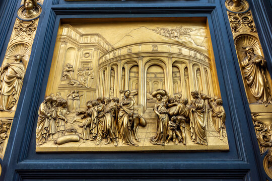 Golden door (Gates of Paradise) decoration in Baptistery at Florence cathedral, Italy
