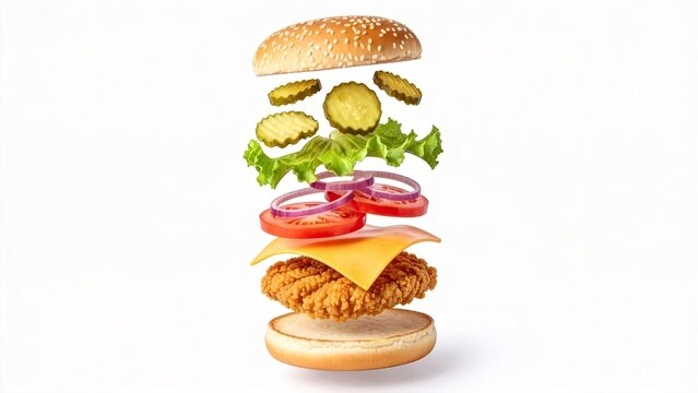 Exploded view of a crispy chicken burger with fresh lettuce tomato onion pickles cheese on a white background isolated fast food ingredient concept for menu design,design