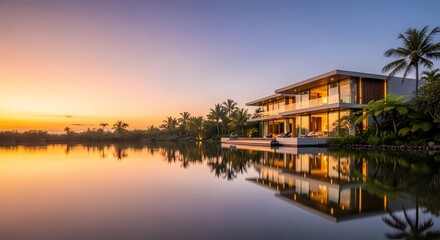 Fototapeta premium Sunset view of a tropical house by tranquil water with illuminated balcony and palm trees