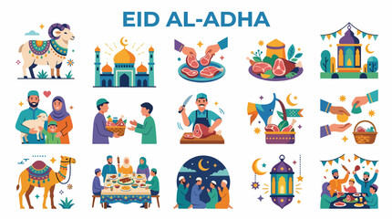 Fototapeta premium Eid al-Adha Islamic Holiday Celebration Flat Vector Icons