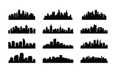 Naklejka premium Collection of city skylines in black silhouette on white background for design and architecture use