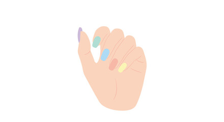 Obraz premium A human hand displays manicured fingernails painted in five distinct pastel colors against a plain white background.