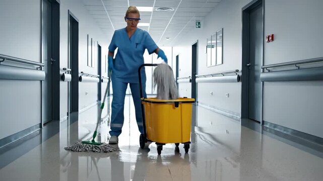 Hospital cleaning staff mopping floor and emptying dirty mop water maintaining hygiene and sanitation preventing infection and ensuring cleanliness