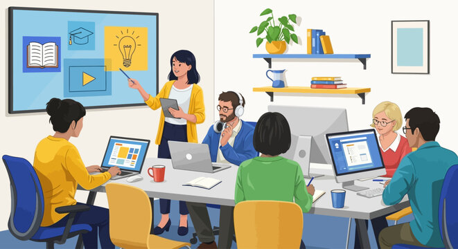 Modern Business Training Illustration: Instructor Leading Professional Workshop, E-learning, Knowledge Sharing, and Team Collaboration in an Office.