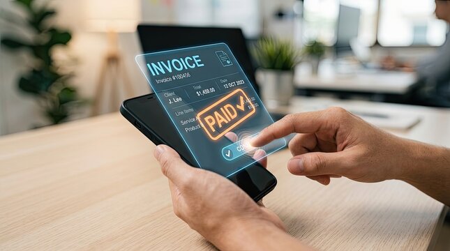 Man paying invoice online with smartphone, digital payment concept.