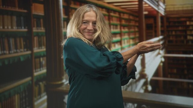 Woman with cupped hands presenting bookshelves in an ornate library building, smiling and gesturing palm up; knowledge sharing serenity.