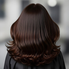 Fototapeta premium Serene Woman with Flowing Voluminous Brown Hair, Shiny Layered Hairstyle with Highlights, Close-Up Beauty Portrait