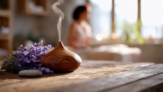 Therapy stress release treatment, health lifestyle. A wooden diffuser emitting a pleasant aroma, accompanied by a bouquet of lavender flowers and a stone, set against a blurred background.
