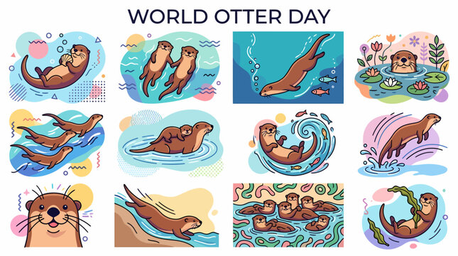 World Otter Day Collage: Cute Otters Swimming, Playing, and Relaxing