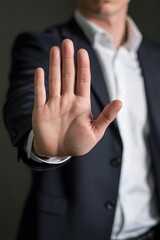 Obraz premium Businessman in dark suit and white shirt holds up open palm, signaling to stop or halt, close-up