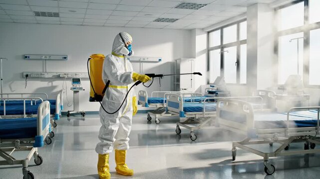 Hospital room sanitization process professional cleaning with protective hazmat suit and sprayer to stop infection and viruses in healthcare facility