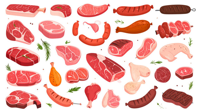 Collection of illustrated meat cuts and sausages including beef, pork, poultry, steaks, ribs, drumsticks and culinary food elements"