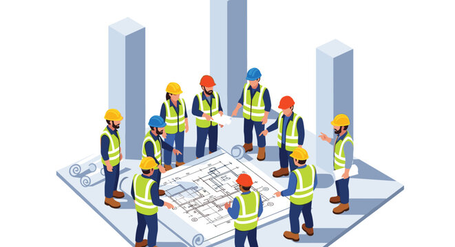 Nine construction workers are discussing a blueprint on a light blue platform with grey pillars in an isometric view.