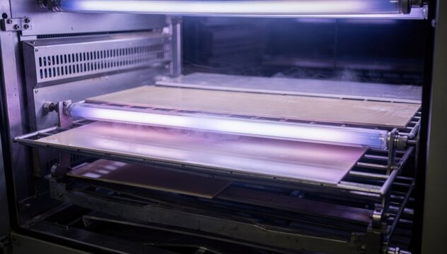 Medium shot of coated panels exposed to intense UV light in a curing chamber emphasizing rapid polymerization under ultraviolet radiation.