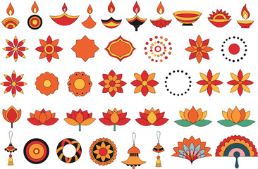 Collection of decorative festive diwali elements featuring oil lamps flowers and traditional motifs isolated on transparent background © Orpita