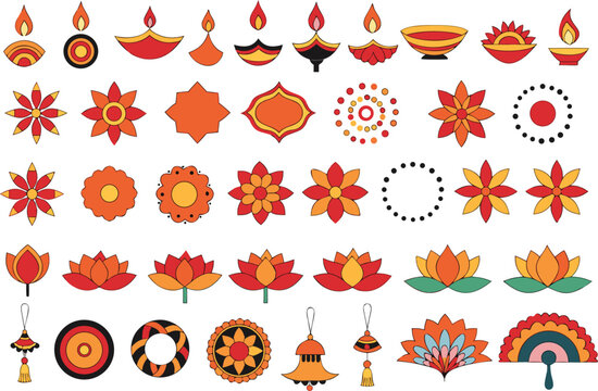 Collection of decorative festive diwali elements featuring oil lamps flowers and traditional motifs isolated on transparent background