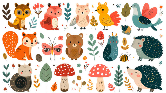 Whimsical collection of colorful forest animals, birds, insects, leaves and mushrooms in playful decorative vector illustration design"