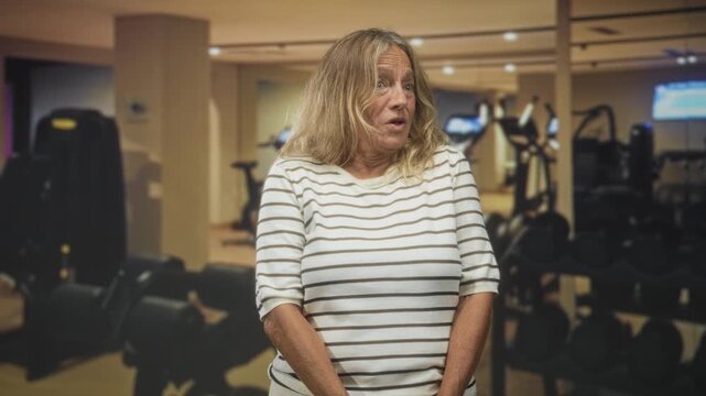 Senior woman with striped shirt purses lips and holds hands low, surprised expression and open mouth in an indoor gym building; surprise reaction.