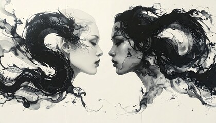 Fototapeta premium Enigmatic artistic illustration depicting the essence of duality through contrasting female faces, rendered with swirling dark and light ink effects