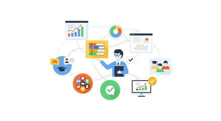 Fototapeta premium Educational Knowledge Management and Business Strategy Integrated System. Corporate Training, E-Learning, and Data Analytics Network Illustration.