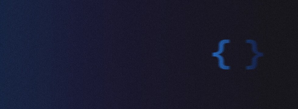 Programming-related dark blue grainy gradient background with glowing curly brackets. Digital, minimalistic, coding or hacker background for banner cover wallpaper design