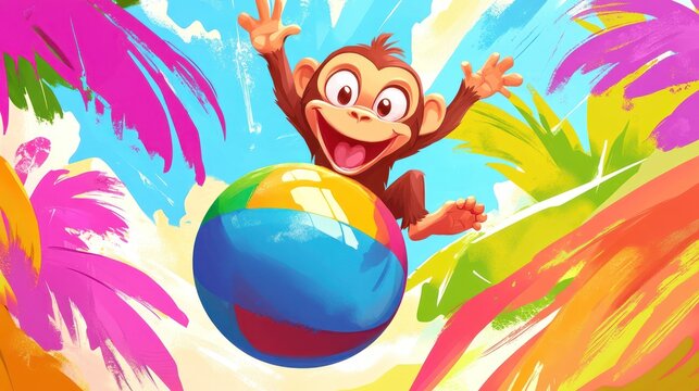 Playful monkey on a colorful beach ball amidst tropical foliage
