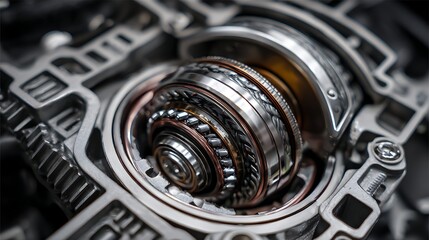 Fototapeta premium Close up of a metal gearbox component with interlocking cogs