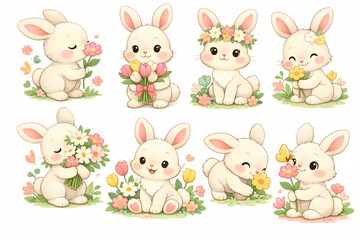 Obraz premium Cute Easter Bunny Collection With Flowers Kawaii Spring Character Set